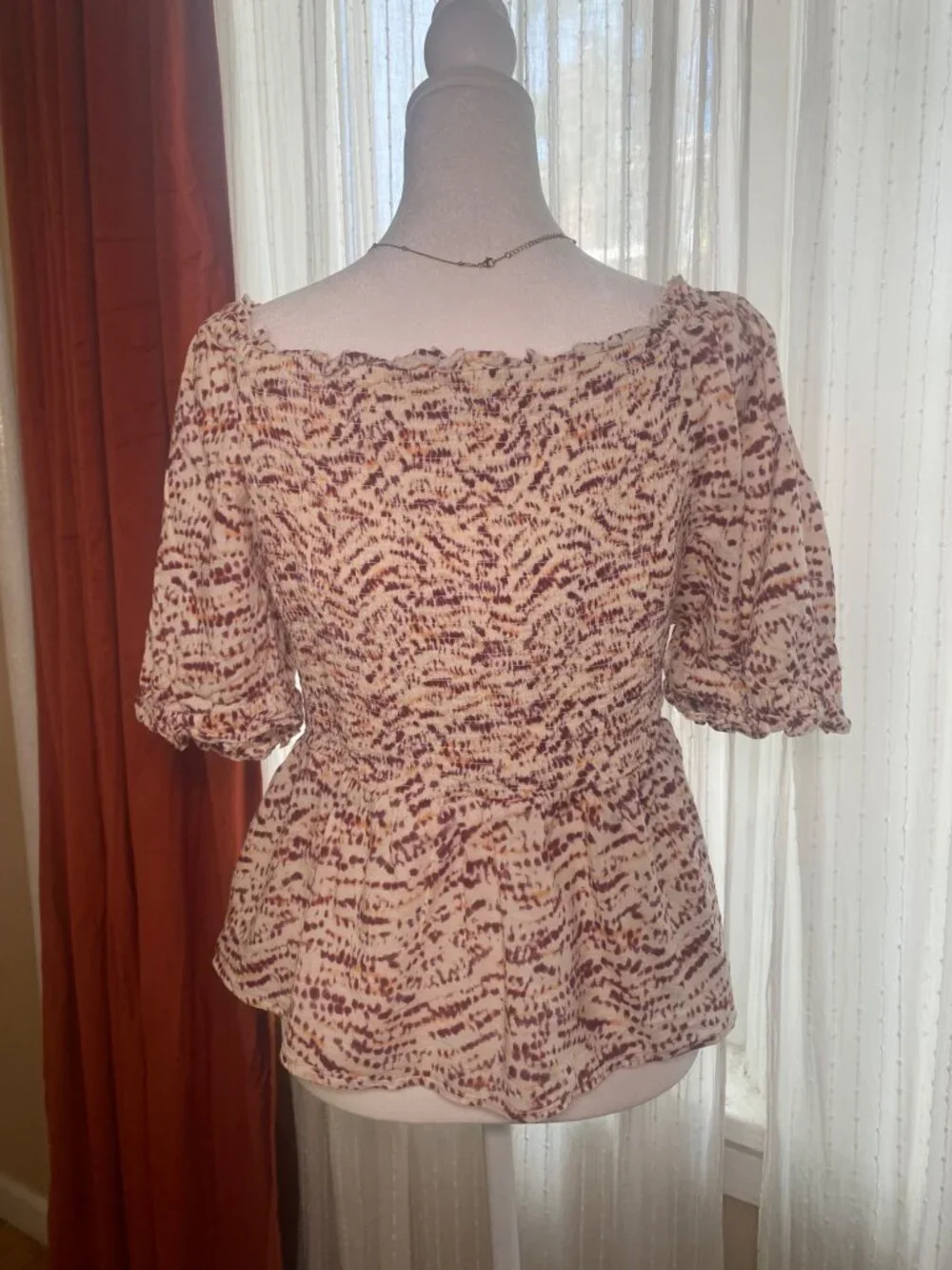Old Navy Smocked Peplum Blouse Puff Sleeve Beige Brown L